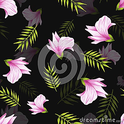 Seamless pattern of hand drawn soft pink jungle flower alstroemeria on a black background. Decorative exotic tropical Stock Photo