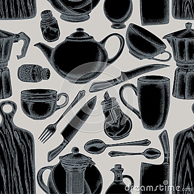 Seamless pattern with hand drawn stylized Chef`s knifes, teaspoon, spoon, fork, knife, cutting board, bottle of oil Vector Illustration