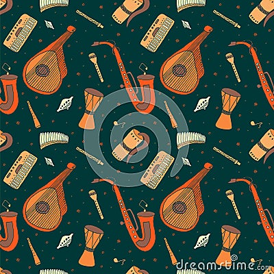 Seamless pattern of hand drawn traditional Slavic, Ukrainian musical instruments. Vector Illustration