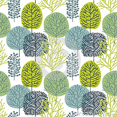 Seamless pattern with hand drawn trees on white background Vector Illustration