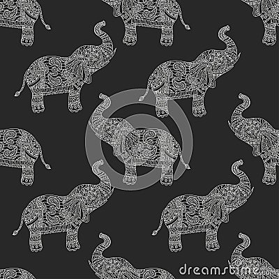 Seamless pattern with hand-drawn tribal styled elephant. Vector Illustration