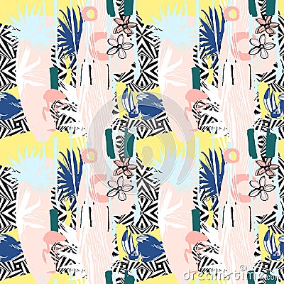 Seamless pattern of Hand drawn Tropical palm leaves, flowers, birds. Vector Illustration
