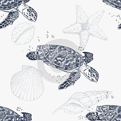 Seamless pattern with hand-drawn turtles. Sea background. Vintage background Stock Photo