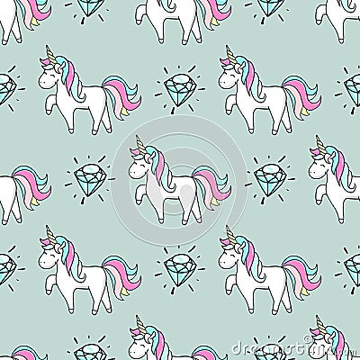 Seamless pattern with hand drawn unicorn and diamond Vector Illustration