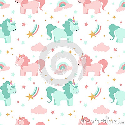 Seamless pattern with hand drawn unicorns, pony, stars, rainbows and comets on a dark white background Vector Illustration