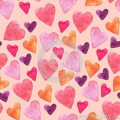 Seamless pattern with hand-drawn watercolor hearts on a pink background. Valentine`s day texture for design of wrapping Cartoon Illustration