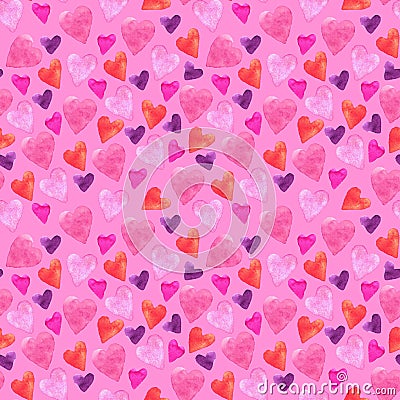 Seamless pattern with hand-drawn watercolor hearts on a pink background. Valentine`s day texture for design of wrapping Cartoon Illustration