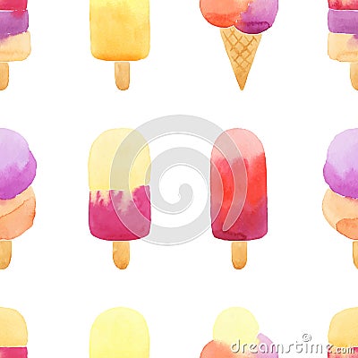 Seamless pattern with hand drawn watercolor ice cream. Vector Illustration