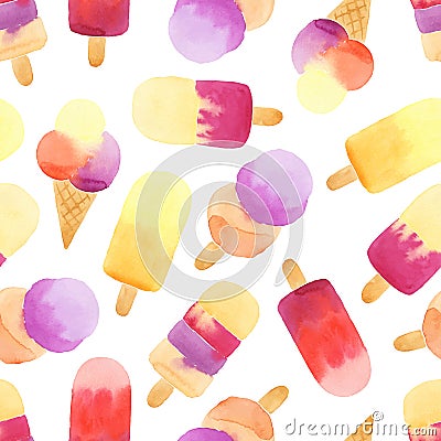 Seamless pattern with hand drawn watercolor ice cream. Vector Illustration