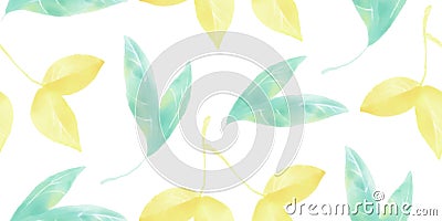Seamless pattern of hand drawn watercolor leaf set, endless illustration of pastel yellow and green leaves. Aquarelle sketch of Cartoon Illustration