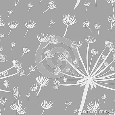 Seamless pattern with hand-drawn white dandelions on gray background. Packaging, wallpaper, textile, kitchen, utensil, fashion des Stock Photo
