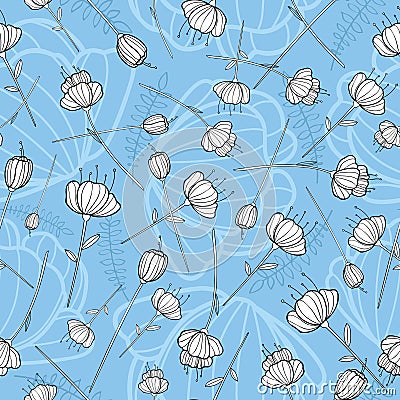 Seamless pattern with hand drawn white flowers on blue background. Tender floral background for textile, card, banners. Vector Illustration