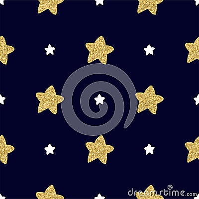 Seamless pattern with hand drawn white and golden stars on a dark background. Vector Illustration