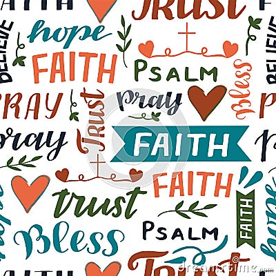 Seamless pattern with hand lettering words Faith, Trust, psalm, Pray Stock Photo