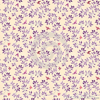 Seamless pattern with hand painted cute leaves and ditsy birds. Watercolour romantic design Stock Photo