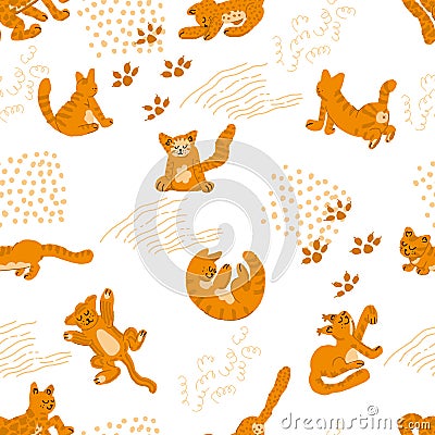 Seamless pattern with hand painted Orange Cats in different poses Stock Photo