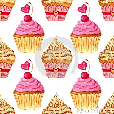 Seamless pattern with hand painted watercolor cupcakes with hearts and sweet cherries. Vector background with pink colorful Vector Illustration