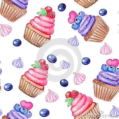 Seamless pattern with hand painted watercolor sweet cupcake and marhmallow, berries. Print, package design, wrapping, textile Stock Photo