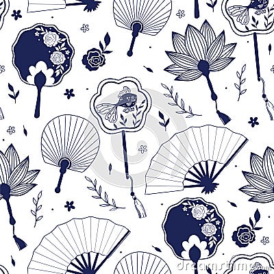 Seamless pattern with hand paper Asian fans on a white background. Vector graphics Vector Illustration