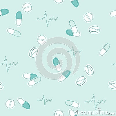 Seamless pattern with handdrawn medical pills. Vector Illustration