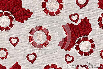 Seamless pattern with handmade crochet flowers and leaves. Linen creative cotton Irish crochet lace white flowers and hearts. Hand Stock Photo