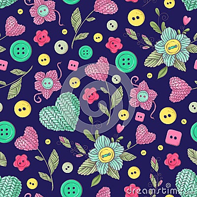 Seamless pattern handmade knitted flowers and elements and accessories for crocheting and knitting Vector Illustration