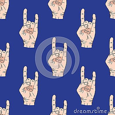 Seamless pattern with hands showing cool rock and roll signs. background for your design. illustration Stock Photo