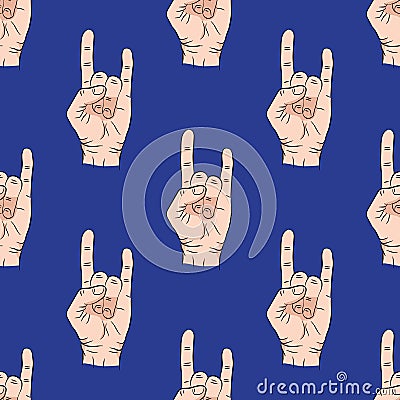 Seamless pattern with hands showing cool rock and roll signs. background for your design. Vector illustration Vector Illustration