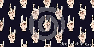 Seamless pattern with hands showing cool rock and roll signs. Hand drawn background for your design. Vector Illustration