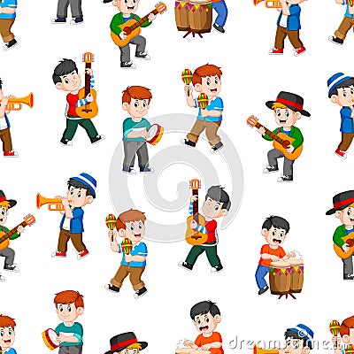 Seamless pattern with happy boys playing music Vector Illustration