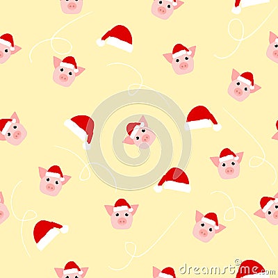 Seamless pattern happy New Year with pig in Santa`s hat. Vector illustration for calendar, Cristmas greeting card or poster. Vector Illustration