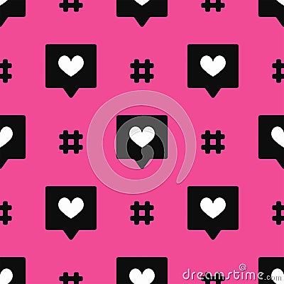 Seamless pattern with hashtags and like buttons. Stylish repeated print. Vector Illustration