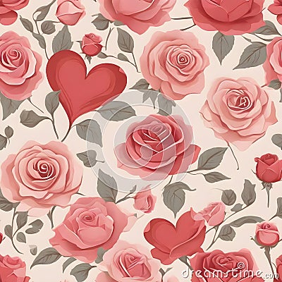 Seamless pattern with heart and roses flower Cartoon Illustration
