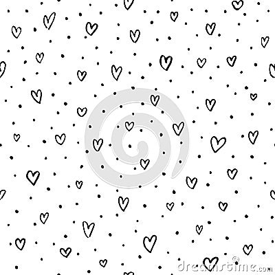 Seamless Pattern with Hearts ans Dots. Simple Hand Drawn Pattern with Doodle Scatter Hearts. Vector Love Texture Vector Illustration