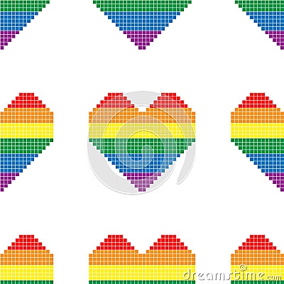 Seamless pattern with hearts in colors of LGBT flag. Pixel illustration. Colorful rainbow symbol of gay, lesbian, Cartoon Illustration