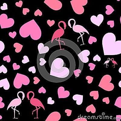 Seamless pattern with hearts and flamingo. Vector Illustration