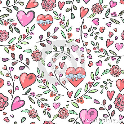 Seamless pattern with hearts and flowers and branches Vector Illustration