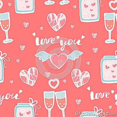 Seamless pattern with hearts and glasses of champagne Text - I love you Cute romantic pattern for Valentine's Day. Vector Illustration