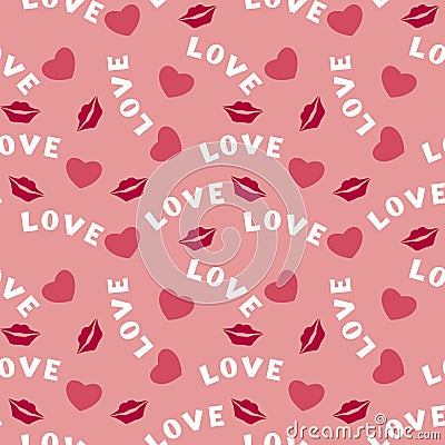 Seamless pattern with hearts lips and inscription love on pink Vector Illustration