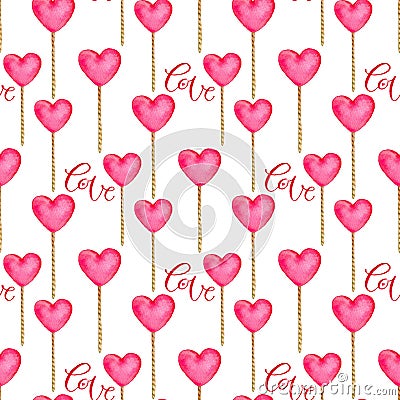 Seamless pattern with hearts in pink color . Cute background in watercolor. Valentines day print for wrapping paper, backdrop deco Stock Photo