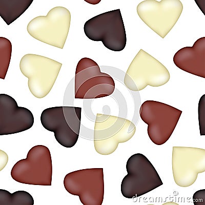 Seamless pattern with hearts from the white, black, brown chocolate. Vector Illustration