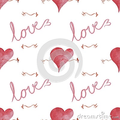 A seamless pattern with hearts and the word love and arrows. Stock Photo