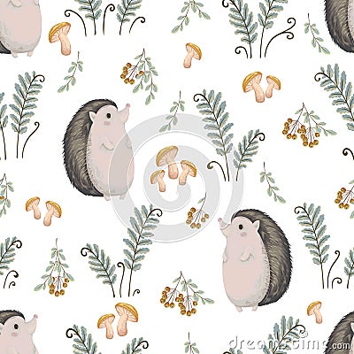 Seamless pattern with hedgehog, fern, mushrooms, tree branches and berries Vector Illustration