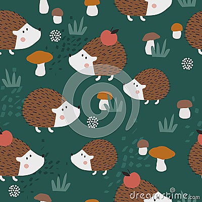 Colorful seamless pattern with hedgehogs, apples, mushrooms. Decorative cute background with funny animals Vector Illustration