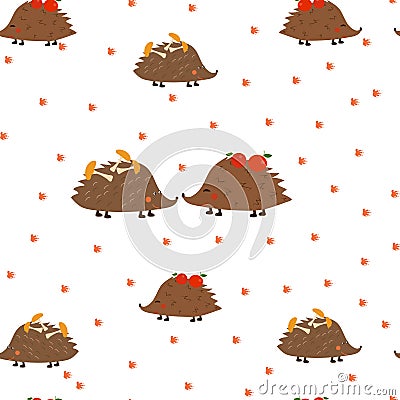 Seamless pattern: hedgehogs, mushrooms, apples, footprints on a white background. Flat vector. Vector Illustration