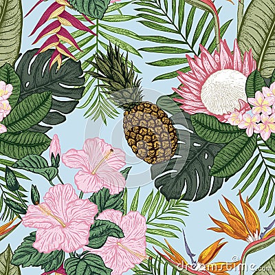 Seamless pattern with heliconia, aplumeria nd other tropical flowers. Vector Illustration