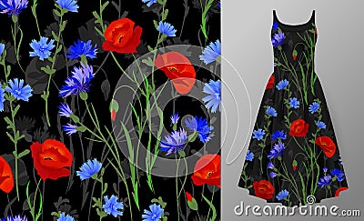 Seamless pattern with Herbs and wild flowers, leaves. Botanical Illustration Colorful illustration on dress mockup. Vector Illustration