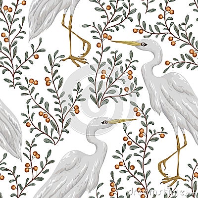 Seamless pattern with heron bird and cranberry plant. Rustic botanical background. Vector Illustration