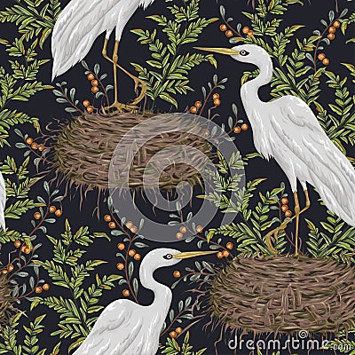 Seamless pattern with heron bird, nest and swamp plants. Marsh flora and fauna. Vector Illustration