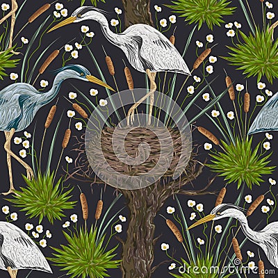 Seamless pattern with heron bird, old tree, nest and swamp plants. Marsh flora and fauna. Vector Illustration